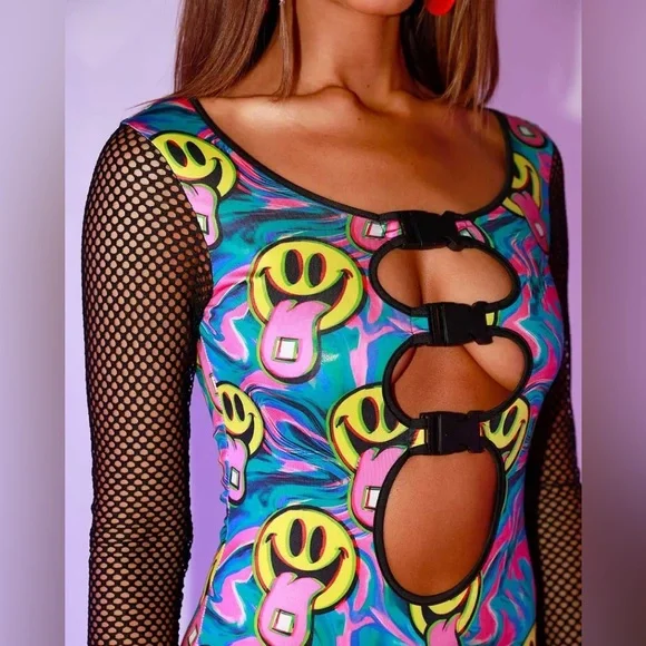 NWOT iHeartRaves Good Mood Bodysuit with Buckle Size Medium - Picture 3 of 11